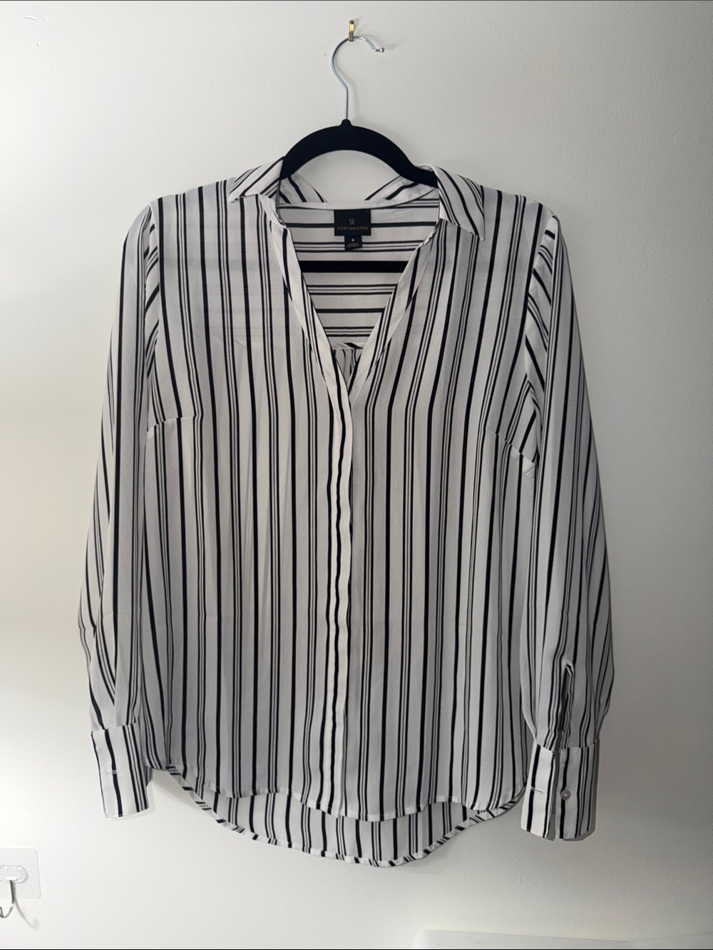 Worthington Black & White Vertical Stripe Button-Down Blouse